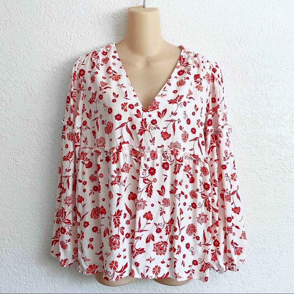 Graceatwood The Drop Floral Red Orange V-Neck Peasant Long Sleeve Top MEDIUM